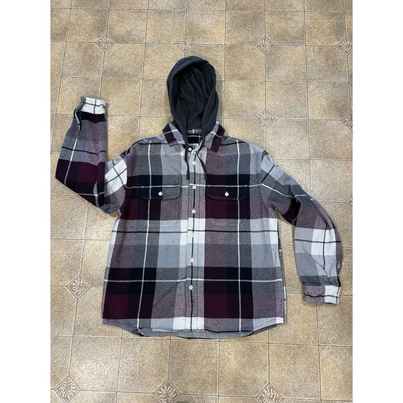 AE American Eagle Men’s Sz Medium Plaid Flannel Shirt Jacket With Removable Hood - Picture 3 of 13